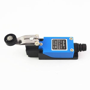 Me-8104 Rotary Plastic Roller Arm Enclosed Limit Switch - a blue and black mechanical switch with a roller arm and a cable gland on the right side.