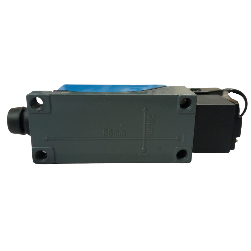 Me-8108 Mini Limit Switch - shown from the side, featuring a grey rectangular body with mounting holes and embossed 56mm and 21mm dimension markings.