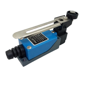 Me-8108 Mini Limit Switch - a blue rectangular body, a black cable gland, and an adjustable metal lever arm with a small black roller at the tip.