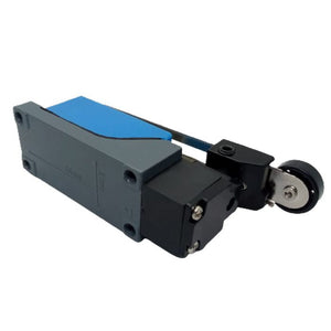 Me-8108 Mini Limit Switch - a grey and blue rectangular body with an adjustable metal lever arm and a black roller wheel at the end.