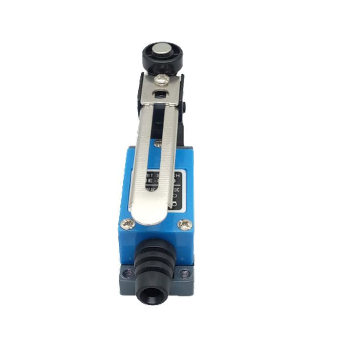 Me-8108 Mini Limit Switch - a blue rectangular body, a metal lever arm with a black roller, and a black cable gland at the base.