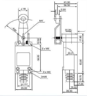 Me-8108 Mini Limit Switch - the front and side profile views with various measurements in millimeters.