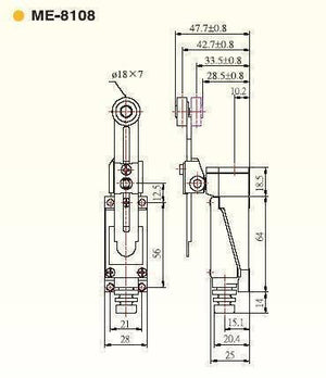 Me-8108 Mini Limit Switch - the front and side profile views with detailed measurements in millimeters.