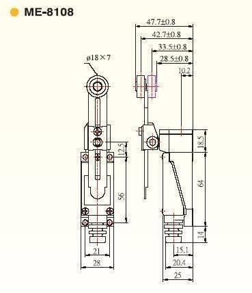 Me-8108 Mini Limit Switch - the front and side profile views with detailed measurements in millimeters.
