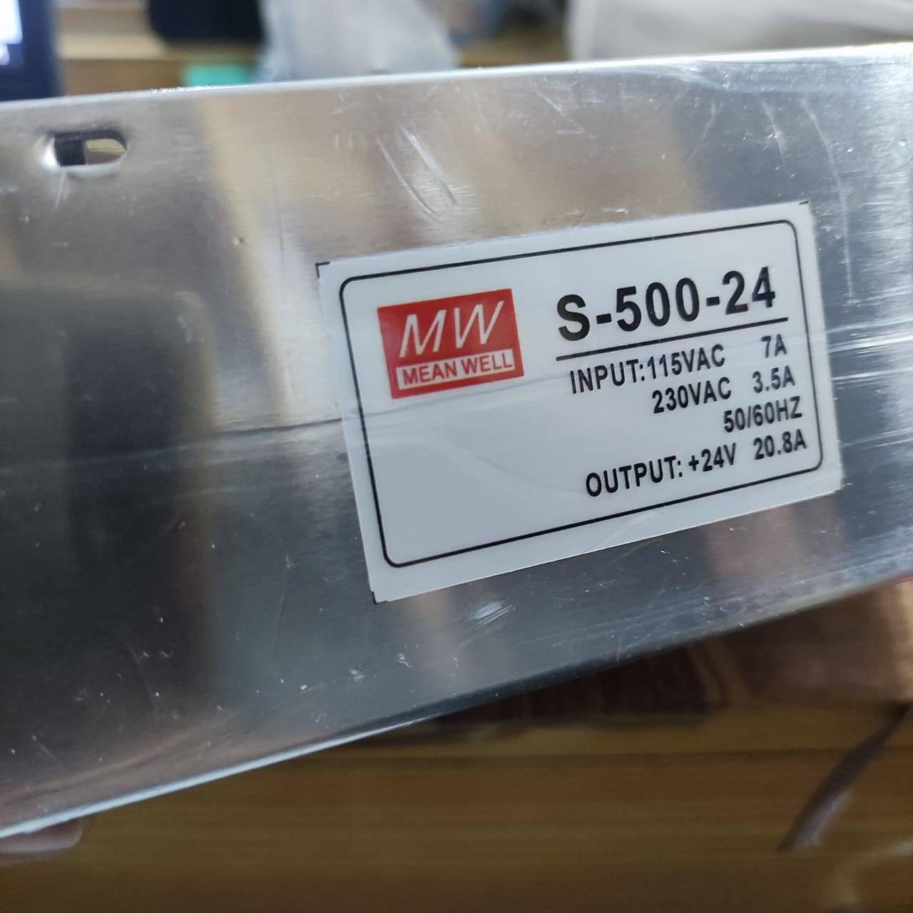 Mean Well Meanwell 24V 20A Switch Mode Power Supply 24V 20.8A - S-500-24 power supply, a close-up of the silver metal casing showing a white product label with input and output specifications.