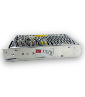 Meanwell 120W 5A 24V 5A Meanwell Power Supply - a rectangular metal unit with a perforated top cover and a front label displaying input and output specifications.