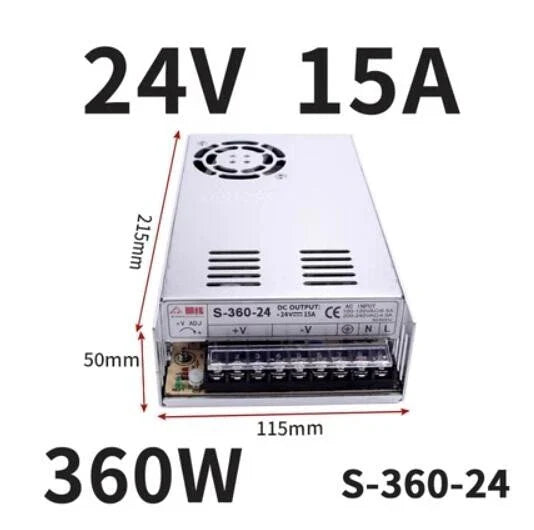 Meanwell S-360-24 V15A360W AC To DC Switching Power Supply - shown with dimensions, screw terminals, a cooling fan, and voltage adjustment knob.