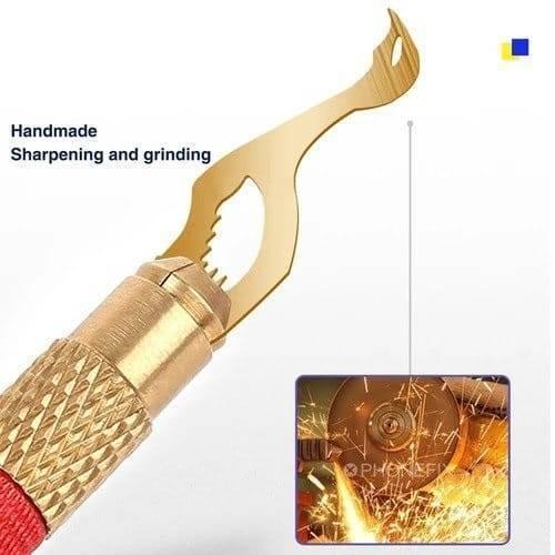 Mechanic 004 Glue Remover Cutting Blades Set For Phone PCB IC Chip - a close-up of a gold-coloured metal blade tool with a textured handle and an inset showing grinding sparks.