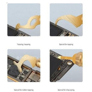 Mechanic 004 Glue Remover Cutting Blades Set For Phone PCB IC Chip - four close-up views of gold-colored metal blades being used to scrape glue and pry chips on a PCB.
