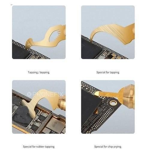 Mechanic 004 Glue Remover Cutting Blades Set For Phone PCB IC Chip - four close-up views of gold-colored metal blades being used to scrape glue and pry chips on a PCB.