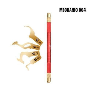 Mechanic 004 Glue Remover Cutting Blades Set For Phone PCB IC Chip - a red metal handle with gold-coloured chucks at both ends and four distinct gold-coloured metal cutting blades arranged to its left.