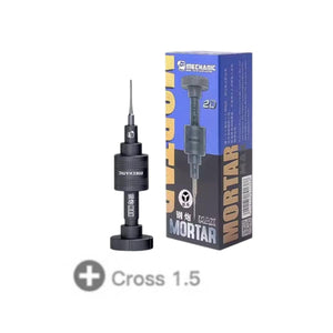 MECHANIC 1.2 MORTAR SCREWDRIVER (AIR) - black precision screwdriver with a stepped cylindrical handle and a thin tip, standing next to its blue and grey rectangular cardboard packaging labeled mortar max.