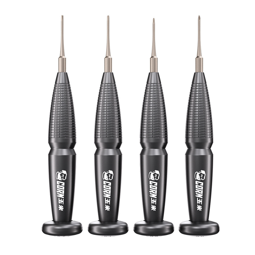 MECHANIC 1.5 SCREWDRIVER - four identical grey precision screwdrivers with textured grips, metal shafts, rounded bases, and a logo featuring a cartoon head above the text "CORN玉米".