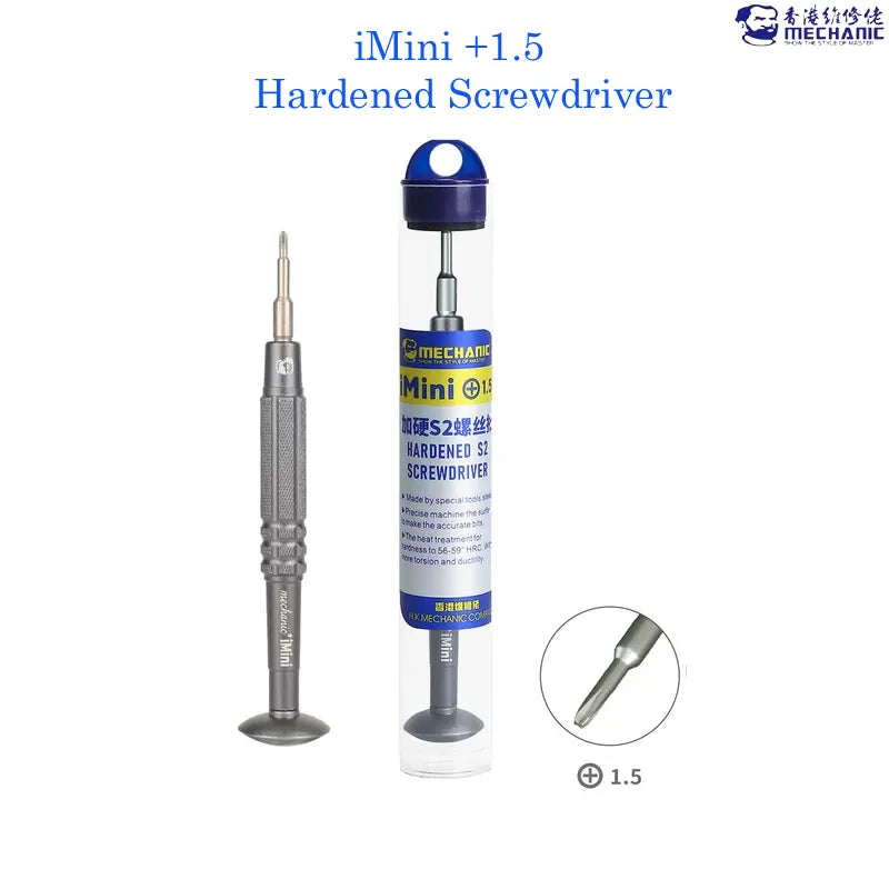 MECHANIC 1.5 SCREWDRIVER (iMini) - grey metallic precision screwdriver with a rotating cap, beside its transparent cylindrical plastic storage tube with blue and yellow product labels.