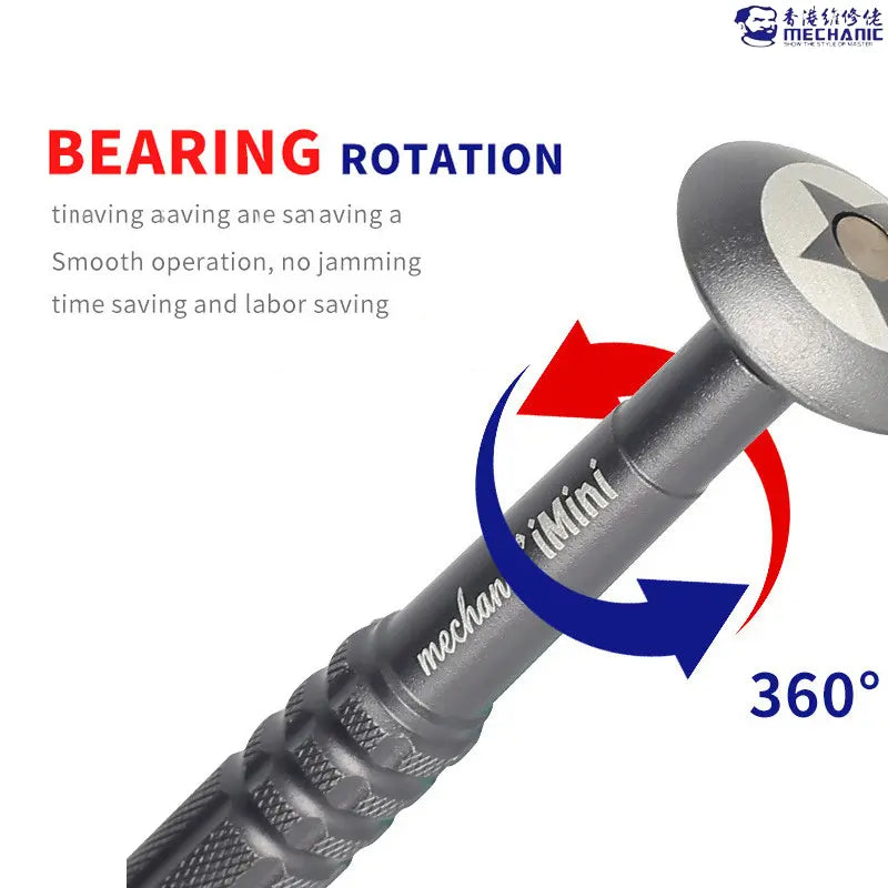 MECHANIC 1.5 SCREWDRIVER (iMini) - grey metal tool handle with a knurled grip, a rotating top with a star design, and the text "mechanic iMini" printed on the shaft.