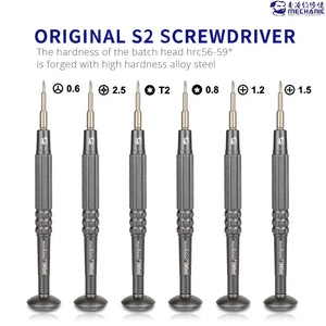 MECHANIC 1.5 SCREWDRIVER (iMini) - six grey metal precision screwdrivers with textured handles, each featuring a flat rotating base and labeled with the text "mechanic iMini".