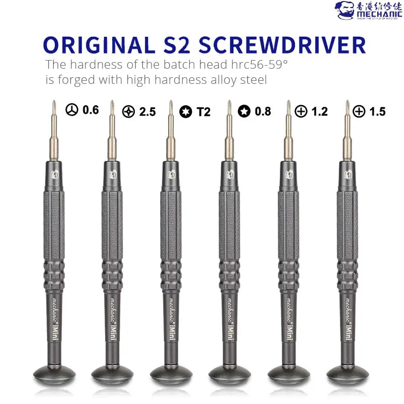 MECHANIC 1.5 SCREWDRIVER (iMini) - six grey metal precision screwdrivers with textured handles, each featuring a flat rotating base and labeled with the text "mechanic iMini".