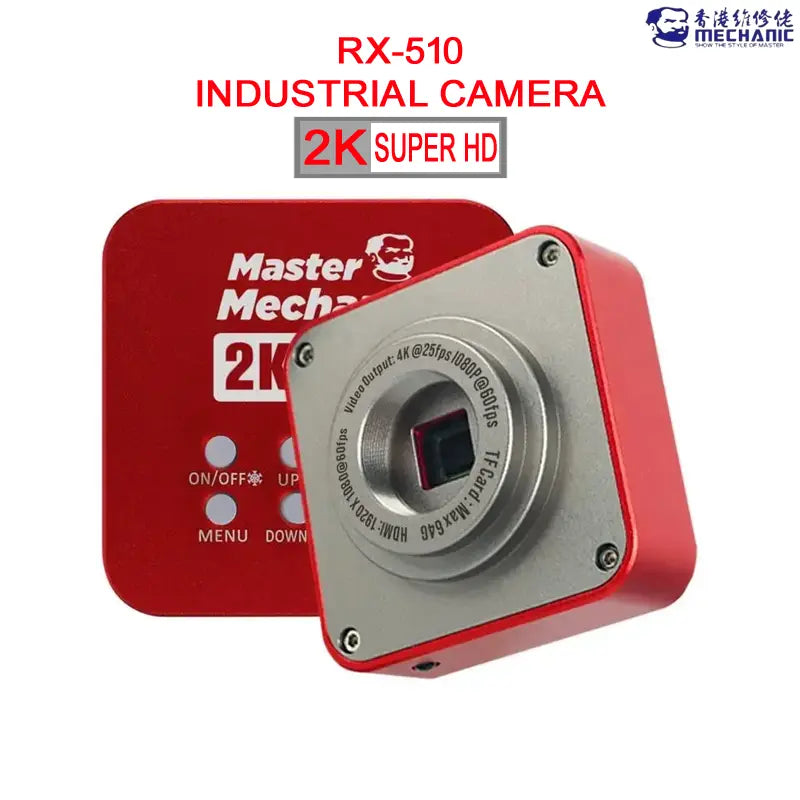 MECHANIC 2K MICROSCOPE EYEPIECE CAMERA - red industrial camera with a square metallic front, a central lens, and a rear control panel featuring four white circular buttons labeled on/off, up, menu, and down.