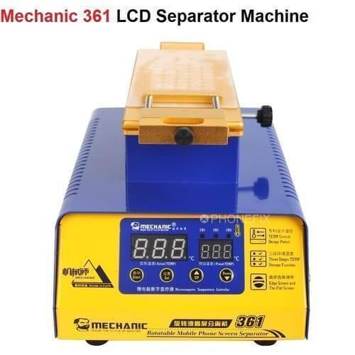 Mechanic 361 Rotatable LCD Touch Screen Preheat Separator For Phone Repair Heating Split Screen Station - a blue and yellow heating station with a rotatable top plate and a front panel featuring a digital temperature display.