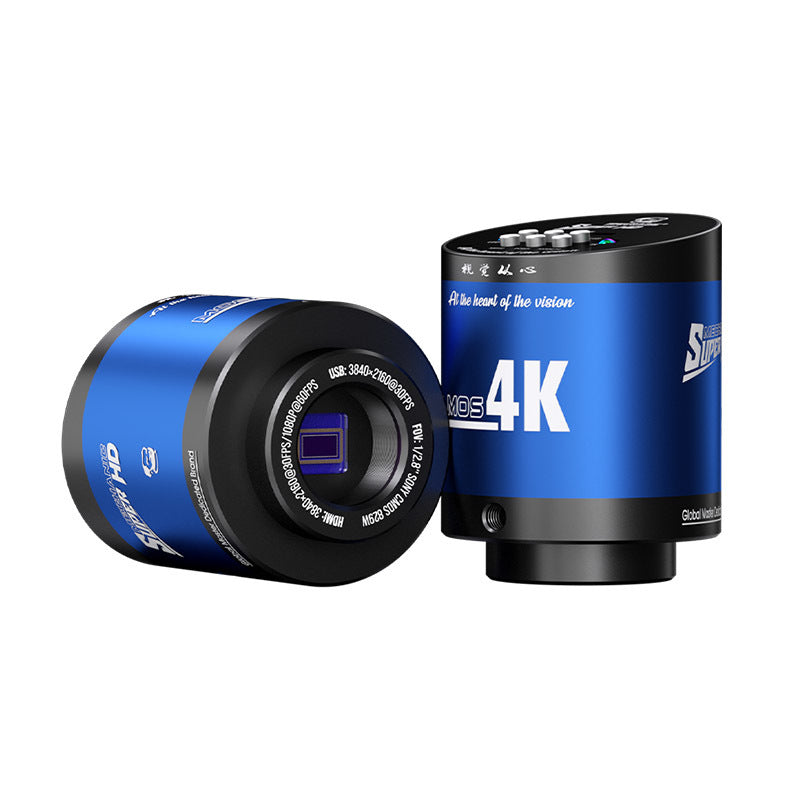 MECHANIC 4K MICROSCOPE EYEPIECE CAMERA - two cylindrical 4k digital cameras with blue and black metal housings, white lettering, lens apertures, and top-mounted adjustment buttons.