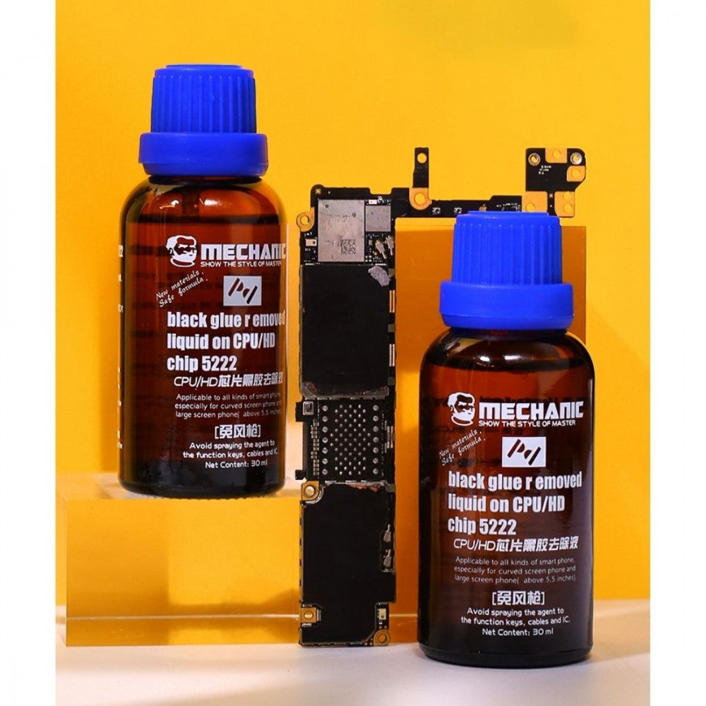 Mechanic 5222 Black Glue Paste Remover Liquid For CPU/HD Price - two identical amber glass bottles with blue caps flanking a smartphone motherboard on a yellow stand.
