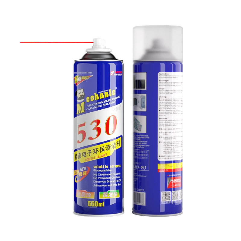 MECHANIC 530 CLEANING SPRAY (NEW VERSION) - Cleaning Solution - two tall cylindrical blue cans of Mechanic 530 precision electronic cleaning solvent, one with a transparent cap and one without.