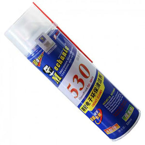 MECHANIC 530 PRO ECO FRIENDLY CLEANER - Cleaning Solution - cylindrical blue and white aerosol spray can labeled mechanic 530 contact cleaner with a clear plastic cap and an attached red straw nozzle.