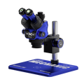 MECHANIC 6558 ELITE-B11 TRINOCULAR STEREO MICROSCOPE - blue and black binocular microscope on a square base with the mechanic logo, featuring adjustable silver and blue knobs and printed branding on the base.