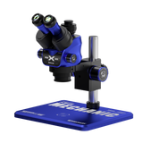 MECHANIC 6558 ELITE-B11 TRINOCULAR STEREO MICROSCOPE - blue and black binocular microscope on a square base with the mechanic logo, featuring adjustable silver and blue knobs and printed branding on the base.