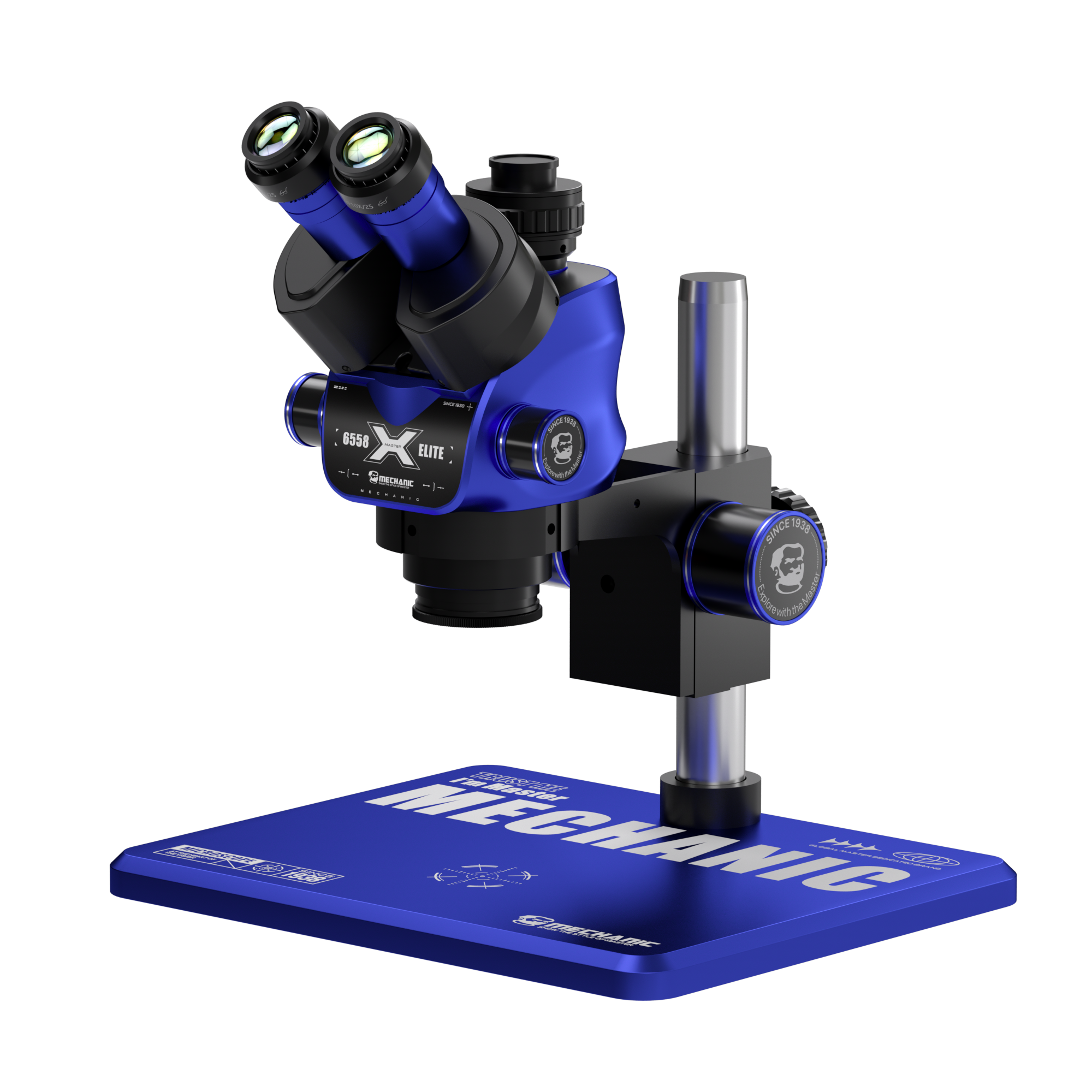 MECHANIC 6558 ELITE-B11 TRINOCULAR STEREO MICROSCOPE - blue and black binocular microscope on a square base with the mechanic logo, featuring adjustable silver and blue knobs and printed branding on the base.