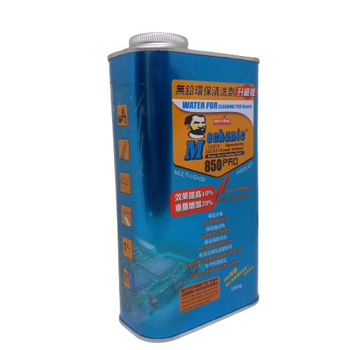 Mechanic 850 Pro Water For Cleaning PCB Board - a rectangular blue metal canister with a silver screw cap and product labels in English and Chinese.