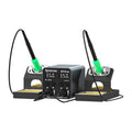 MECHANIC A210 MAX DOUBLE IRON SOLDERING STATION - dual-channel soldering station with a grey central console featuring two digital displays, control buttons, and two black soldering irons on individual stands.