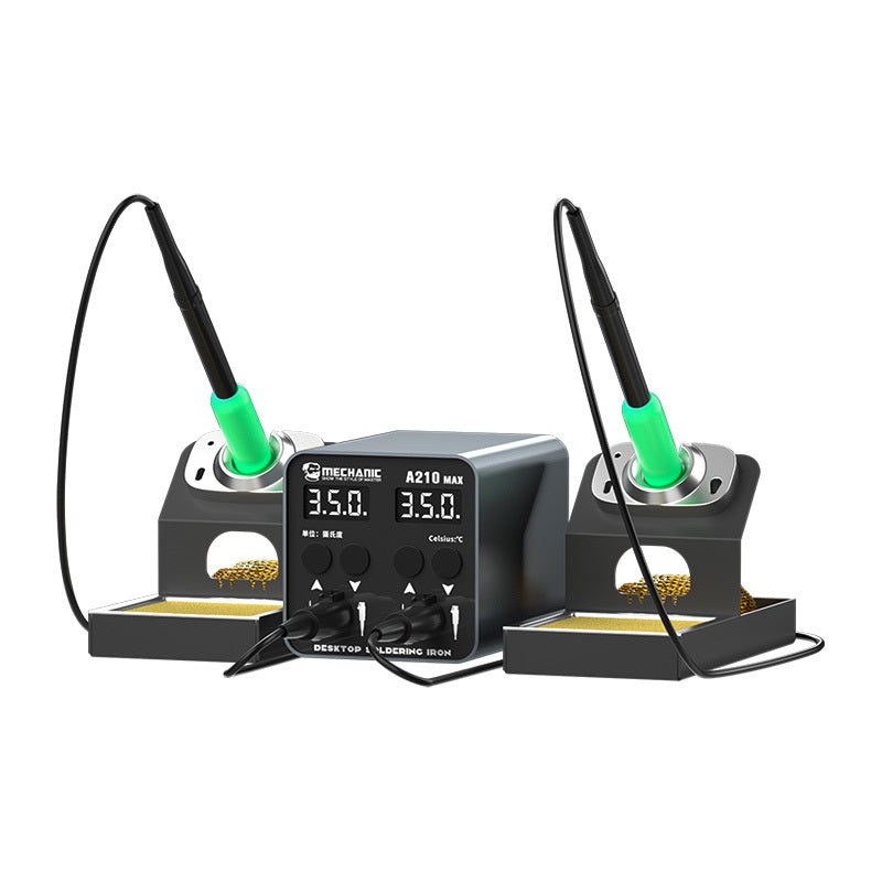 MECHANIC A210 MAX DOUBLE IRON SOLDERING STATION - dual-channel soldering station with a grey central console featuring two digital displays, control buttons, and two black soldering irons on individual stands.