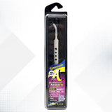 MECHANIC AAS 15 TWEEZER - Tweezers - silver-coloured curved precision tweezers with four circular cutouts on the handle, inside a vertical black blister pack with yellow and purple graphic labeling.