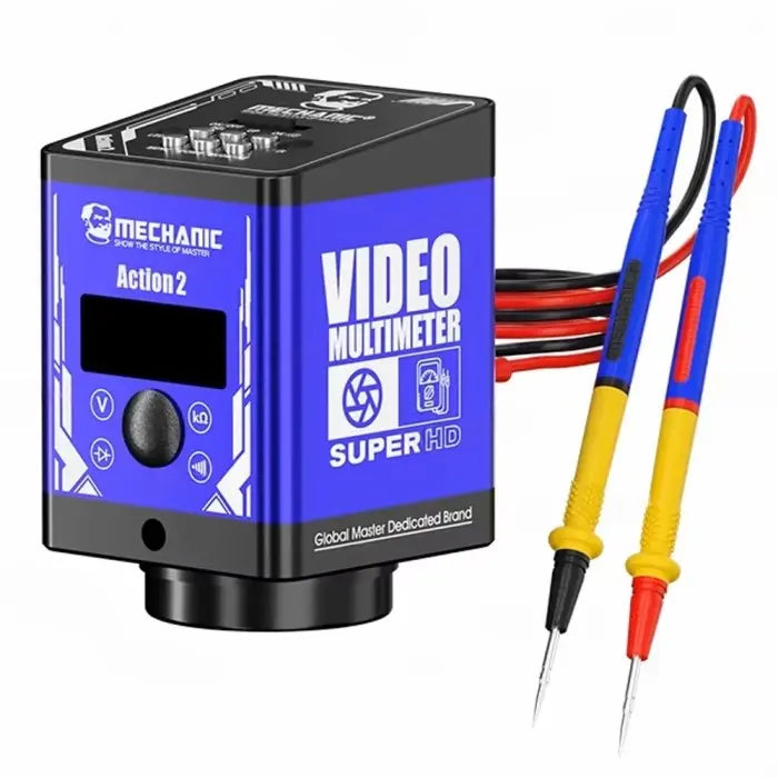 MECHANIC ACTION 2 CAMERA MULTIMETER - Digital Multimeter - black and blue rectangular mechanic brand video multimeter with a digital screen, circular buttons, and two attached probe leads with yellow and blue handles.