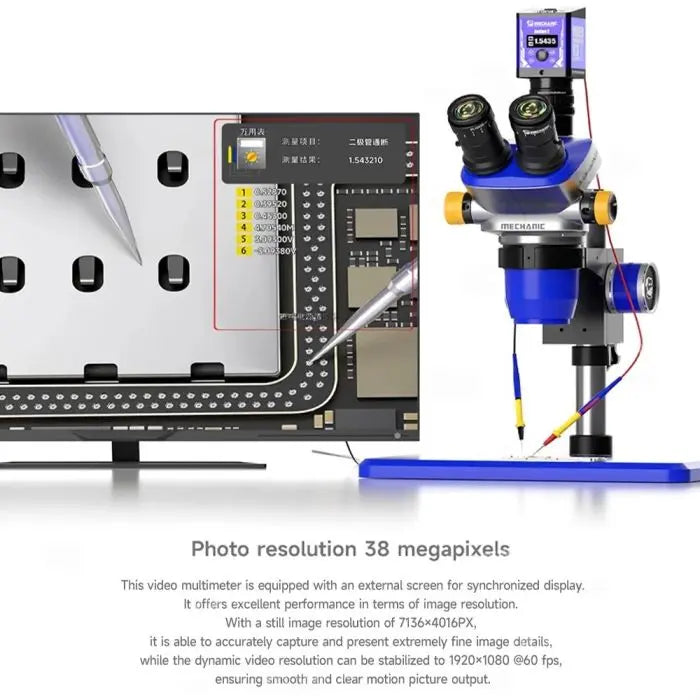 MECHANIC ACTION 2 CAMERA MULTIMETER - Digital Multimeter - binocular microscope with a blue and grey head, a digital camera attachment, and yellow adjustment knobs, shown alongside a screen displaying circuit board data.