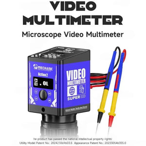 MECHANIC ACTION 2 CAMERA MULTIMETER - Digital Multimeter - blue and black rectangular video multimeter with a small digital screen, a central circular button, four function buttons, and two attached probe leads.