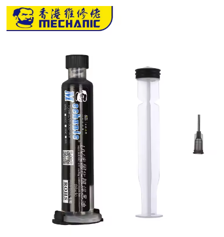 MECHANIC BLACK UV MASKING PASTE - Solder Mask - black cylindrical tube labeled mechanic with a black cap, a clear plastic plunger, and a small grey dispensing needle.