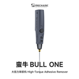 MECHANIC BULL ONE GLUE REMOVER - grey cylindrical handheld electric tool with a black dial, two circular buttons, a metallic collet, and a thin needle attachment, labeled BULL ONE.
