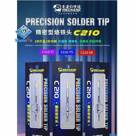 MECHANIC C210 MIX SOLDERING TIP SET - Soldering Iron Tip - three silver-coloured precision soldering tips, each individually housed in a clear plastic case on a blue promotional card branded with mechanic labels.