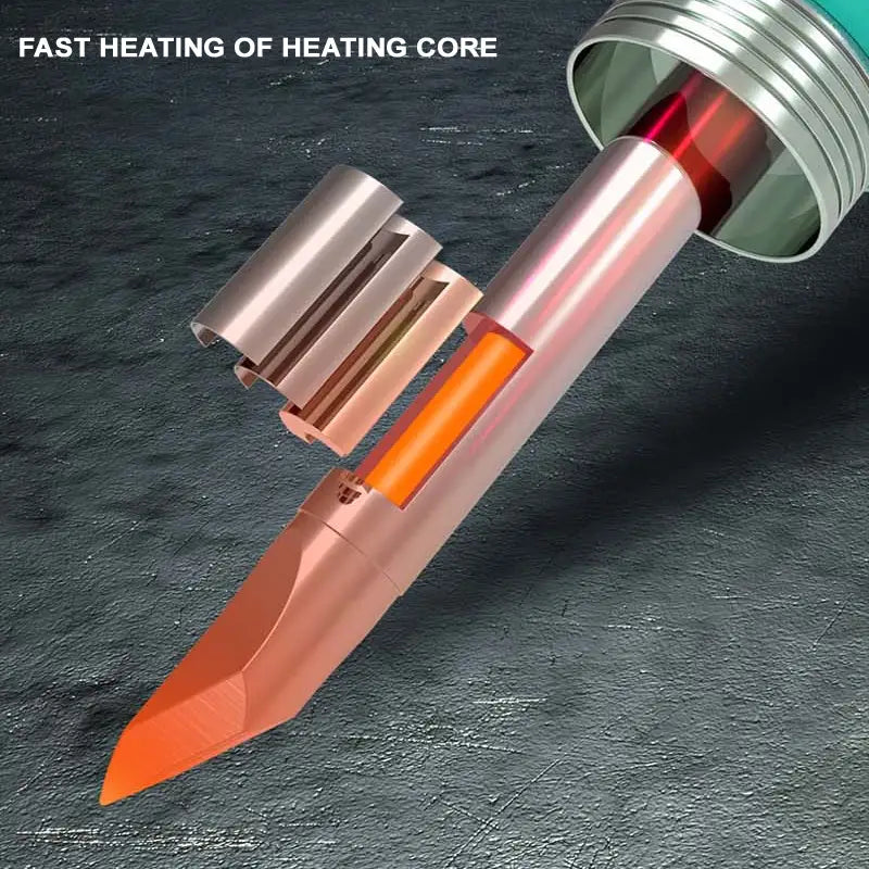 MECHANIC C210 SK SOLDERING IRON TIP - a disassembled, rose-gold-toned soldering iron tip with a glowing orange cylindrical core and a detached copper-colored sleeve, labeled "FAST HEATING OF HEATING CORE".