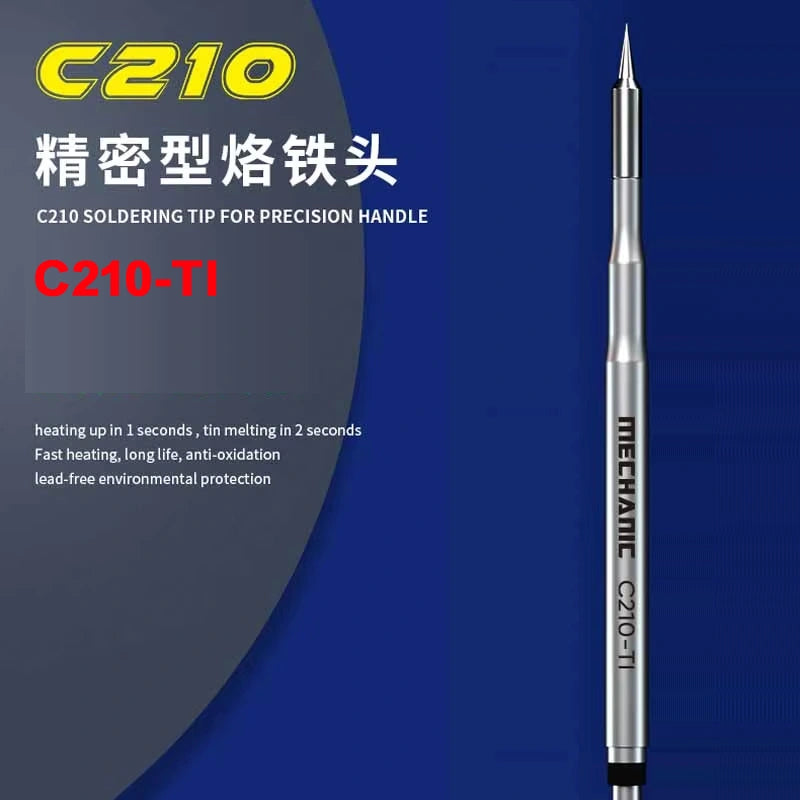 MECHANIC C210 TI SOLDERING IRON TIP - silver cylindrical soldering iron tip with a tapered point, labeled with "MECHANIC" and "C210-TI" on the side, against a dark blue background with text.