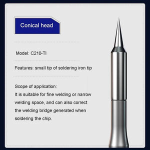 MECHANIC C210 TI SOLDERING IRON TIP - silver-colored conical soldering iron tip with a cylindrical base, presented next to text on a light gray background.