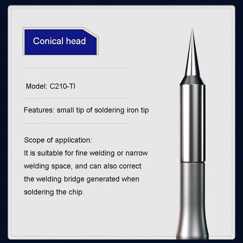MECHANIC C210 TI SOLDERING IRON TIP - silver-colored conical soldering iron tip with a cylindrical base, presented next to text on a light gray background.
