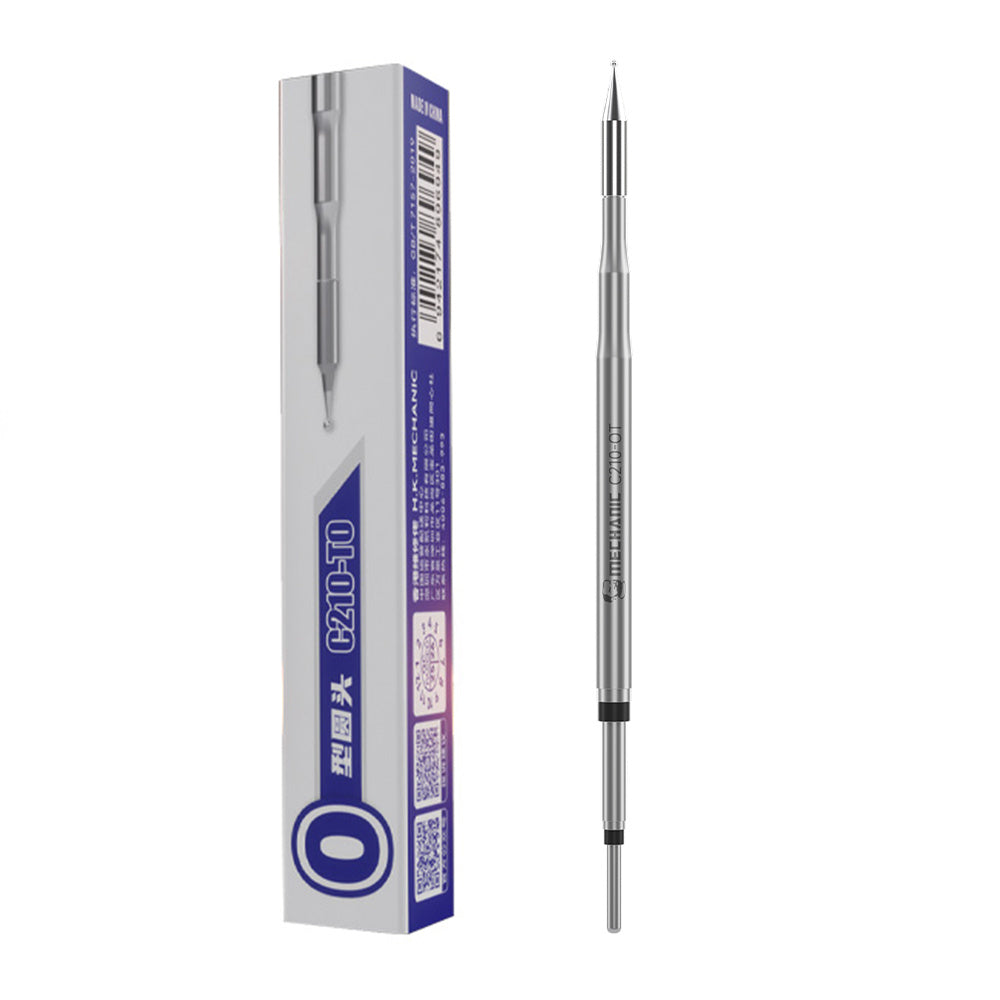 MECHANIC C210 TO BALL SOLDERING TIP - Soldering Iron Tip - silver cylindrical soldering tip next to a tall, rectangular grey and blue box labeled C210-TO with a barcode and QR codes.