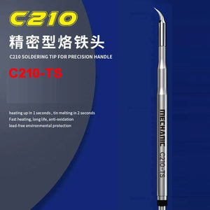 MECHANIC C210 TS SOLDERING IRON TIP - silver C210-TS soldering tip with a curved point, featuring the text "MECHANIC" and "C210-TS" printed on its cylindrical body.