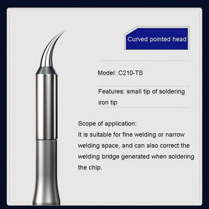 MECHANIC C210 TS SOLDERING IRON TIP - silver-colored metal soldering iron tip with a curved, pointed end, labeled "Model: C210-TS" next to text describing it as a curved pointed head.
