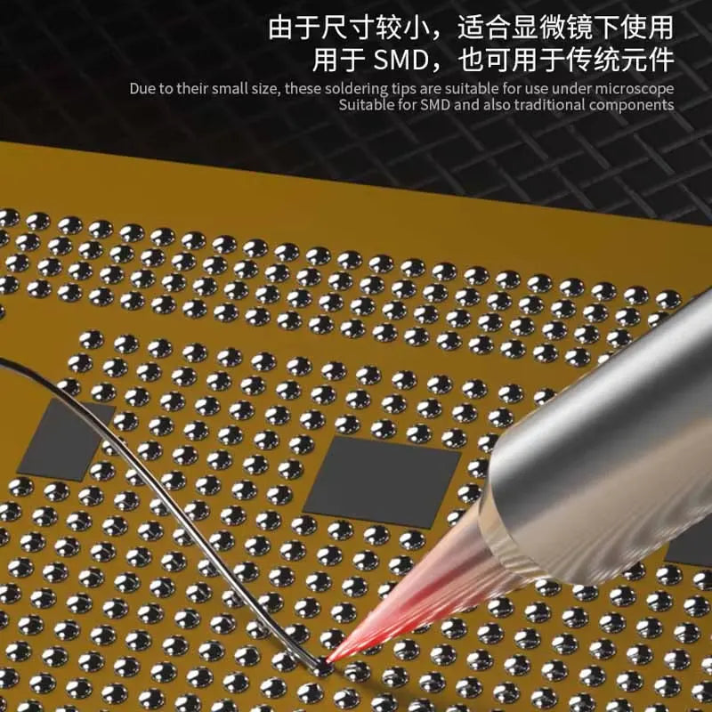 MECHANIC C210 TS SOLDERING IRON TIP - a silver soldering iron tip with a reddish glow touches a gold-colored printed circuit board featuring an array of circular solder pads and black square components.