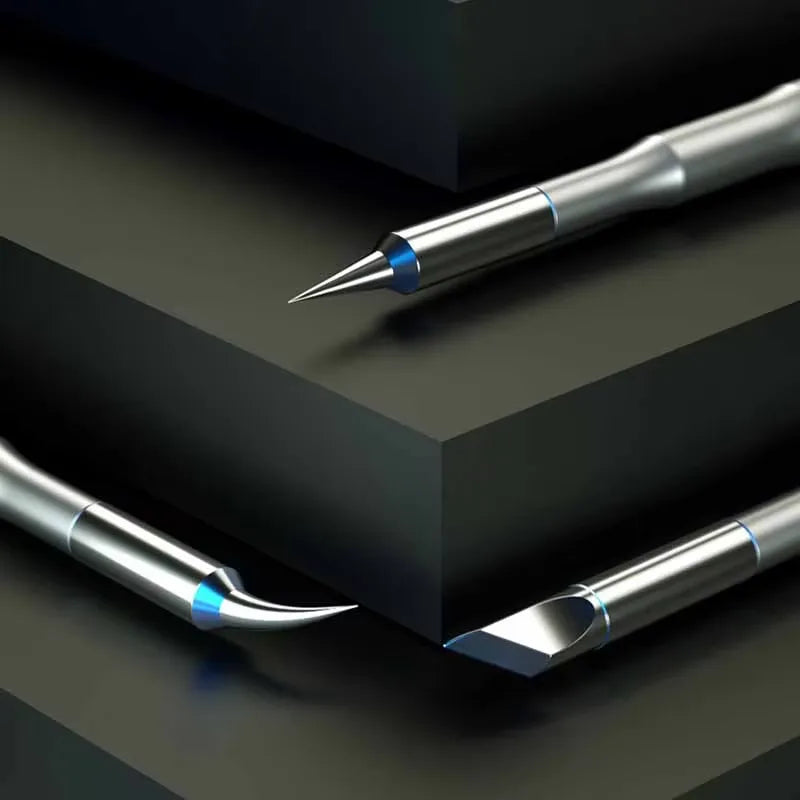 MECHANIC C210 TS SOLDERING IRON TIP - three metallic silver instruments with bright blue collars and varied tips, including a pointed needle, a curved hook, and a flat chisel, on black blocks.