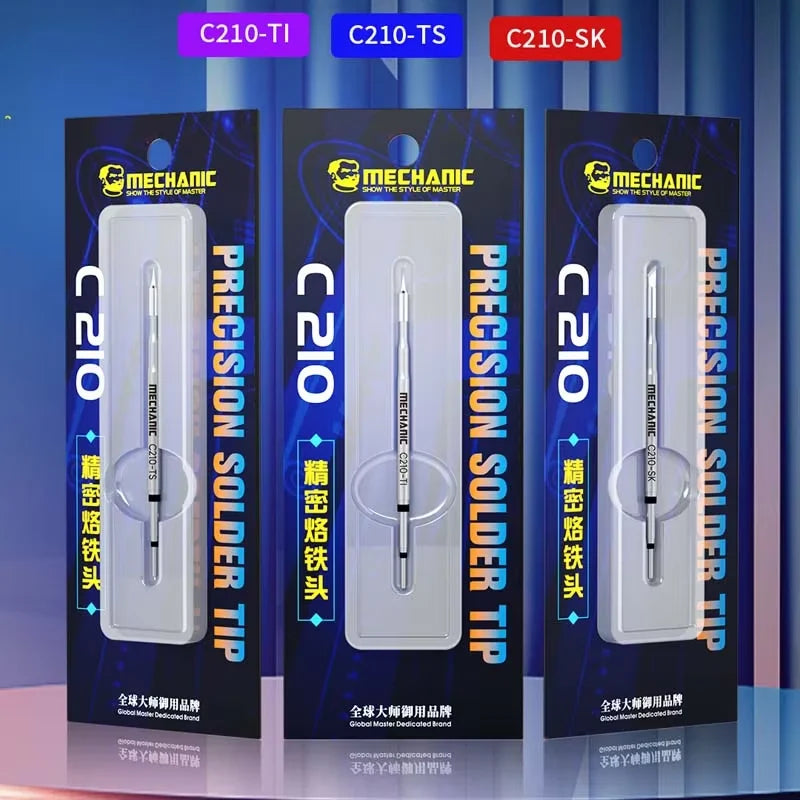 MECHANIC C210 TS SOLDERING IRON TIP - three identical mechanic brand precision solder tips in individual black and blue blister packaging with white text labels identifying models c210-ti, c210-ts, and c210-sk.